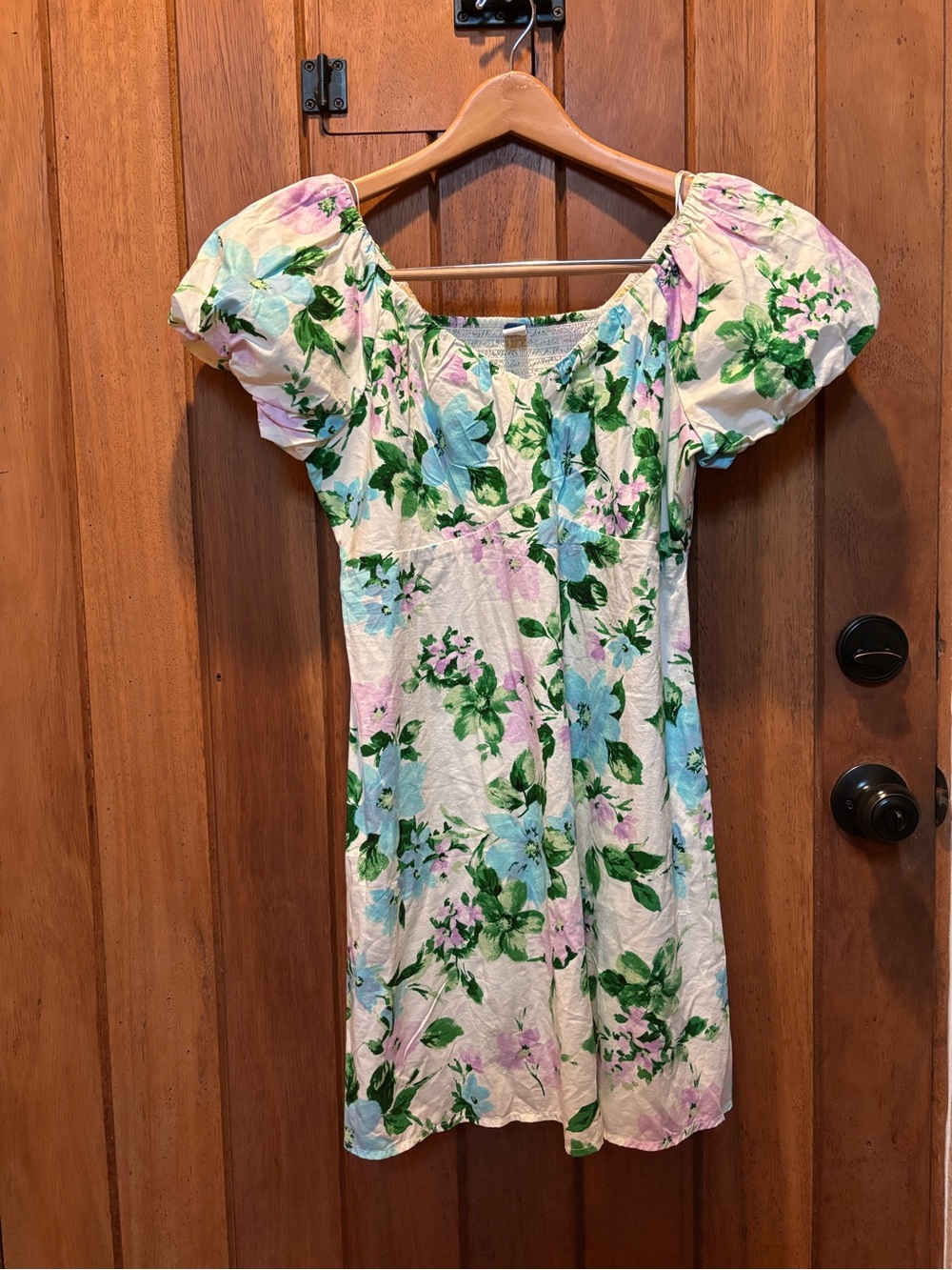 Floral Puff-Sleeve Dress - White, Lavender & Blue